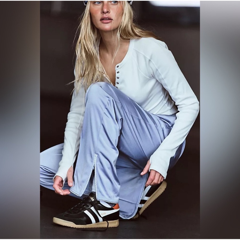 Free People FP Movement Roll With It Drawcord Pants Sz L Steel Blue NWOT Silky - Picture 1 of 12